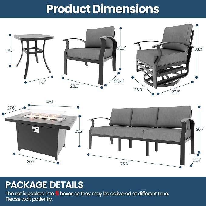 Aluminum Outdoor Patio Furniture Set,7 Seats Patio Conversation Sets with 45" Propane Fire Pit Table,Metal Patio Sectional Furniture Set with 2 Swivel Rocking Chairs,Grey