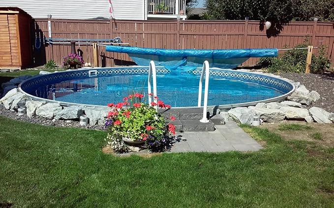 Lake Effect Pools 'Dominica' 27 ft Round Semi Inground Swimming Pool | 52 Inch Resin Protected Steel Sided Walls | Bundle Includes: 25 Gauge Overlap Liner & Widemouth Skimmer