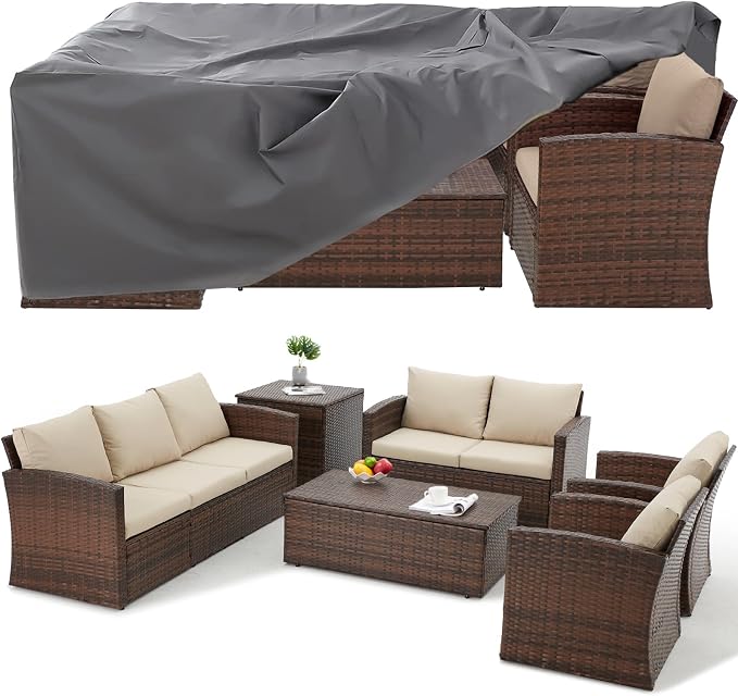 AECOJOY 7 PCS Patio Furniture Set with Two Storage Boxes&Patio Set Cover, Outdoor Rattan Conversation Set, PE Wicker Sectional Sofa Outdoor Furniture, Brown Rattan&Beige Cushions
