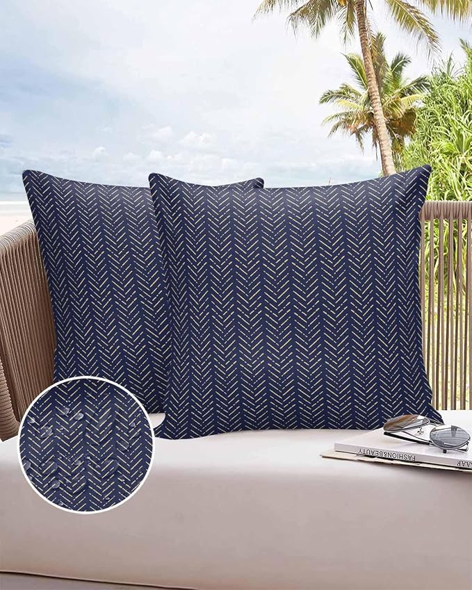 Vandarllin Outdoor Throw Pillows Covers 16x16 inch Set of 2 Waterproof Navy Blue Stripes Decorative Zippered Cushion Covers for Patio Furniture, Modern Art Lines Lumbar Pillowcases