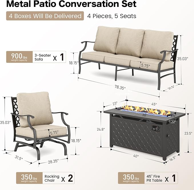 SUNSHINE VALLEY Patio Furniture Set with Firepit Table, 4 Piece Metal Outdoor Patio Furniture, 2 Rocking Chairs and 3 Seater Sofa with 5.75" Extra Thick Cushion and Gas Firepit Table for Backyard Deck