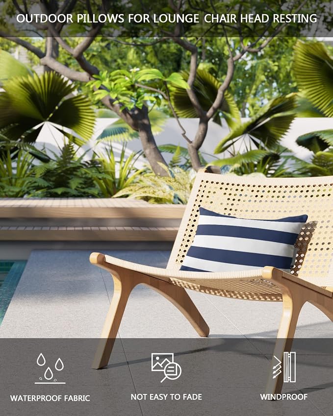 Navy and White Striped Outdoor Pillows with Insert Waterproof Classic Navy Blue White Patio Pillows with Adjustable Strap Rectangle Head Recliner Lounger Chair Throw for Patio Furnitures, 2 Pack