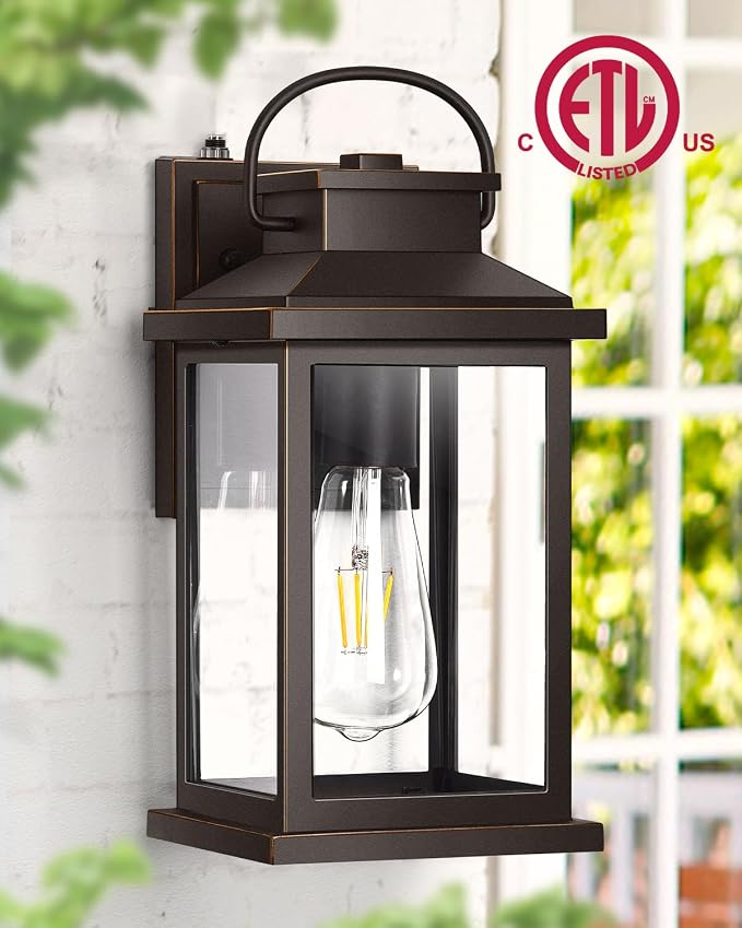 VIANIS Outdoor Porch Lights for House, Farmhouse Oil Rubbed Bronze Gold Trim Exterior Light Fixtures Wall Mount Sconce, Anti-Rust Dusk to Dawn Outdoor Lighting Lantern for Garage, Front Patio, 2-Pack | Automatic On and Off, Exterior Light Fixtures Wall...
