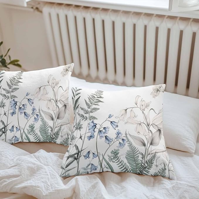 Throw Pillow Covers 26x26 Inch Set of 2, Blue Beige Floral Waterproof Outdoor Pillow Covers, Farmhouse Botanical Decorative Cushion Pillowcases for Couch, Sofa, Bed, Garden, Patio