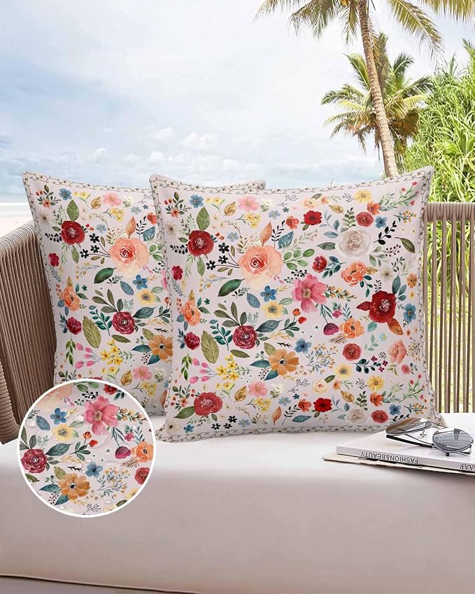 Vandarllin Outdoor Throw Pillows Covers 20x20 inch Set of 2 Waterproof Pink Floral Decorative Zippered Cushion Covers for Patio Furniture, Farmhouse Vintage Flower Lumbar Pillowcases