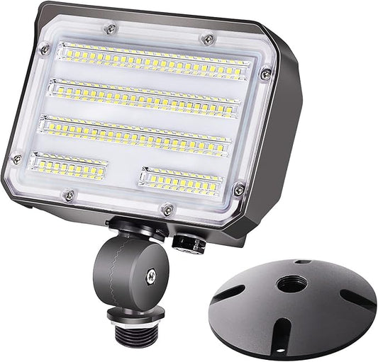 60W LED Flood Light with Knuckle, Outdoor Security Fixture Dusk-to-Dawn Photocell 5000K 7,800lm(300W Equivalent) 100-277V IP65 Waterproof with Base for Wall Mount for Entrance Garden Yard