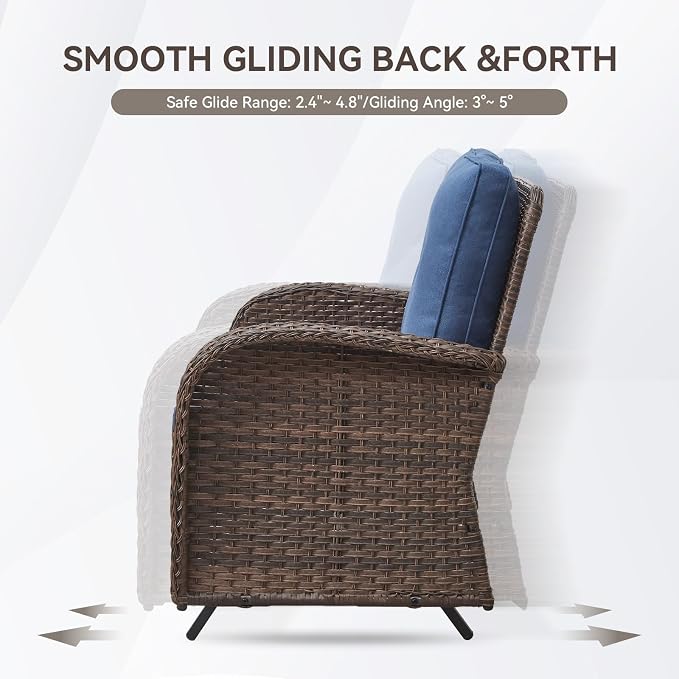 Patio Loveseat Wicker Loveseat Rattan Glider Sofa with Curved Armrest Thicking Back & Seat Cushions for Garden Balcony Backyard Brown Wicker|Blue Cushions (B) Patio Loveseat Glider