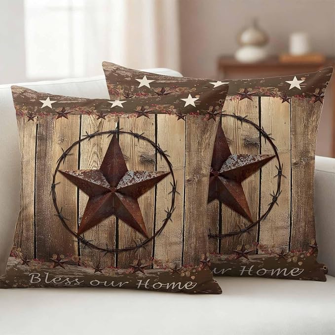 Rustic Country Outdoor Pillow Covers 16x16 Inch Throw Pillow Covers Set of 2 Waterproof Decorative Pillow Cases Western Stars Brown Texture Wooden Print Cushion Covers for Patio Furniture Garden Couch