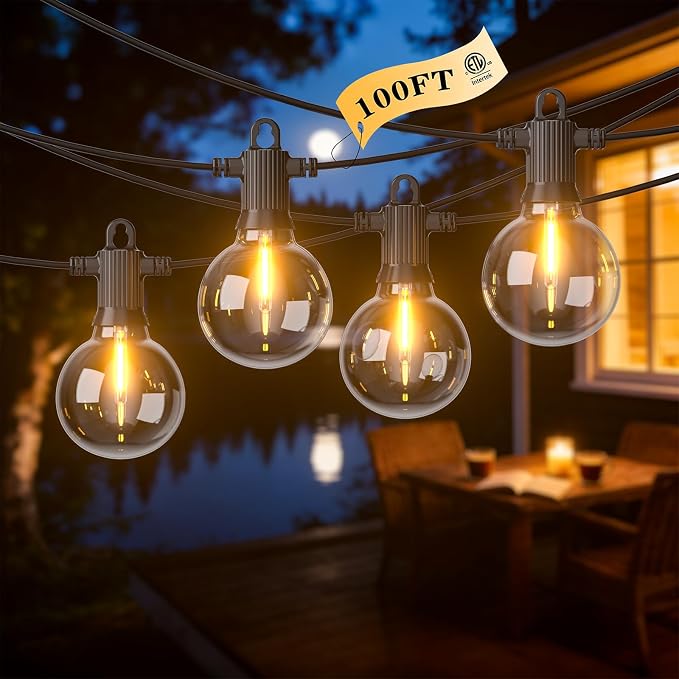 LED Outdoor String Lights, 100FT Patio Lights Outdoor Waterproof with 50+2 Shatterproof G40 Edison Globe Bulbs, 2700K Warm White Hanging Light, Dimmable Light for Outside Backyard Garden Bistro Porch