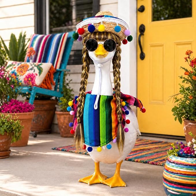 Porch Goose Mexican Outfits Wigs Brown 4 Pieces Porch Goose Mexican Fiesta Outfits with Brown Wigs Outdoor Decor for Lawn Goose Statues