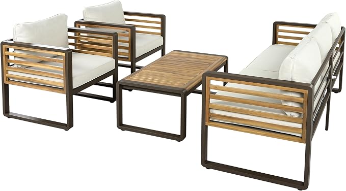 Merax 4-Piece Large Size Outdoor Conversation Sofa Set, Metal and Acacia Wood Frame Sofa with Removable Cushions, Waterproof & UV-Resistant, 5-Person Patio Furniture for Garden Backyard, Beige+Brown