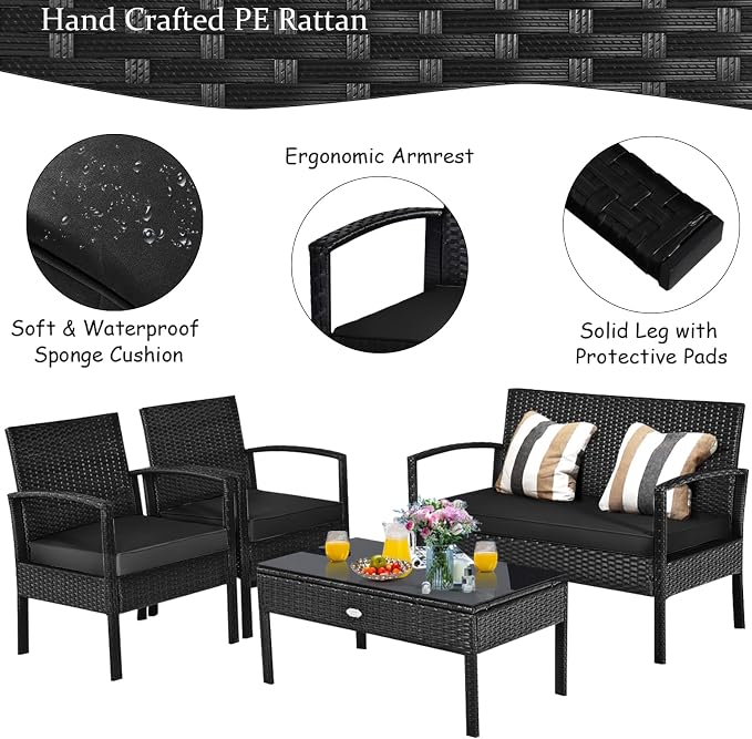 HAPPYGRILL 8-Piece Patio Conversation Set Outdoor Rattan Wicker Sofa & Coffee Table Furniture Set for Patio Garden Poolside