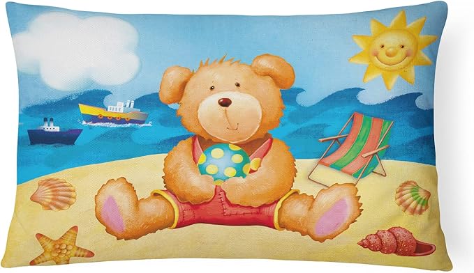 Caroline's Treasures APH0088PW1216 Teddy Bear on The Beach Canvas Fabric Decorative Pillow Machine Washable, Indoor Outdoor Decorative Pillow for Couch, Bed or Patio, 12HX16W