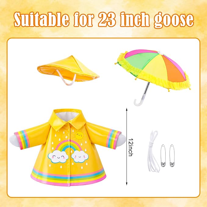 DECOHS 3 Pcs/Set Raincoat Porch Goose Outfits, Summer Lawn Goose Statue Raincoat Costume, Yard Goose Clothes Raincoats Umbrella Hat Outfit for 23" Statue Patio Garden Decoration (Yellow Rainbow)