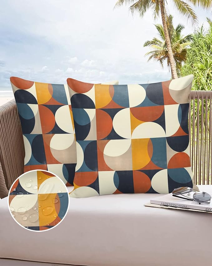 Vandarllin Outdoor Throw Pillows Covers 24x24 inch Set of 2 Waterproof Mid Century Geometric Decorative Zippered Cushion Covers for Patio Furniture, Abstract Modern Lumbar Pillowcases