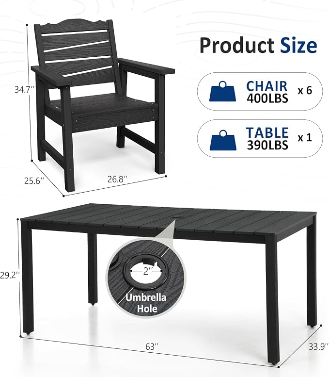 7-Piece Patio Dining Sets, Outdoor Dining Table w/Aluminum Frame and 6 Chairs, Weatherproof HIPS Dining Furniture Set with Umbrella Hole, for Backyard, Garden, Lawn, and Poolside, Black