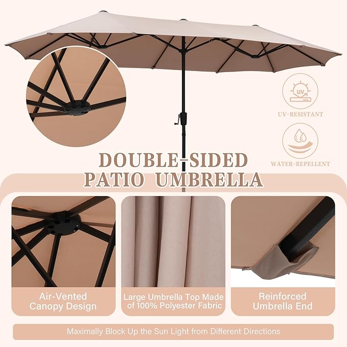 13 ft Patio Umbrella, Large Rectangle Outdoor Umbrella with Strap, Crank, Khaki
