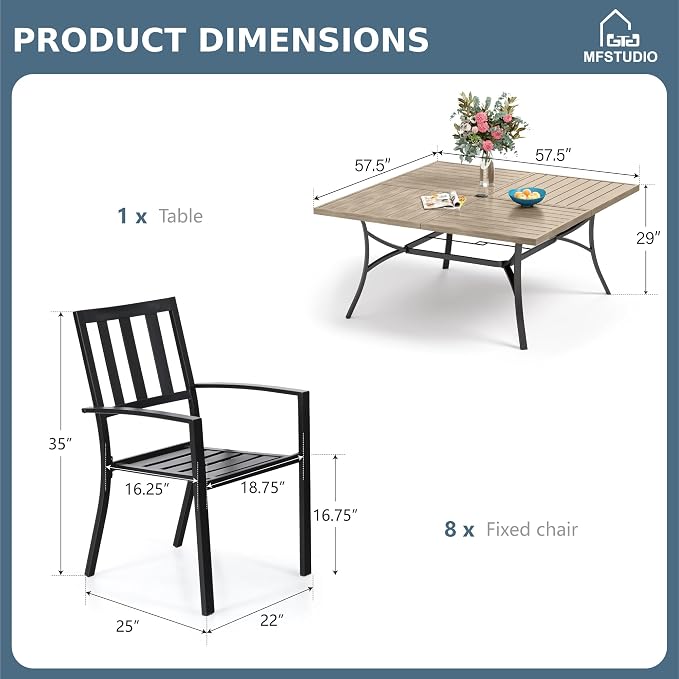 MFSTUDIO Outdoor Dining Set for 8, Patio Table and Chairs Set with Umbrella Hole, 9 Piece Metal Patio Furniture Set for Deck Backyard Poolside Garden