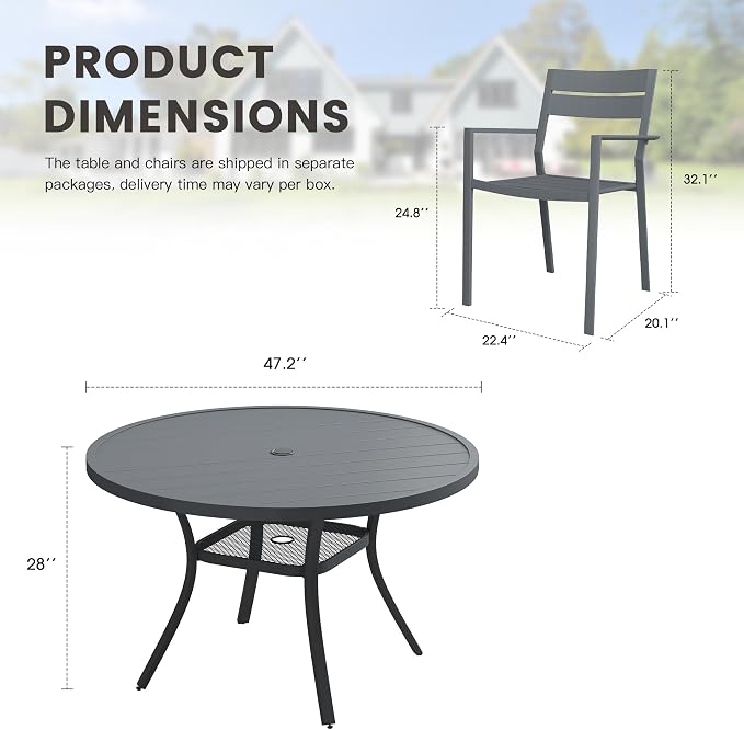 Patio Dining Set for 6, 47.2" Outdoor Dining Table and Chairs Set with Stackable Patio Chairs Outdoor Furniture for Garden Deck Backyard, Dark Grey Table and Grey Chairs