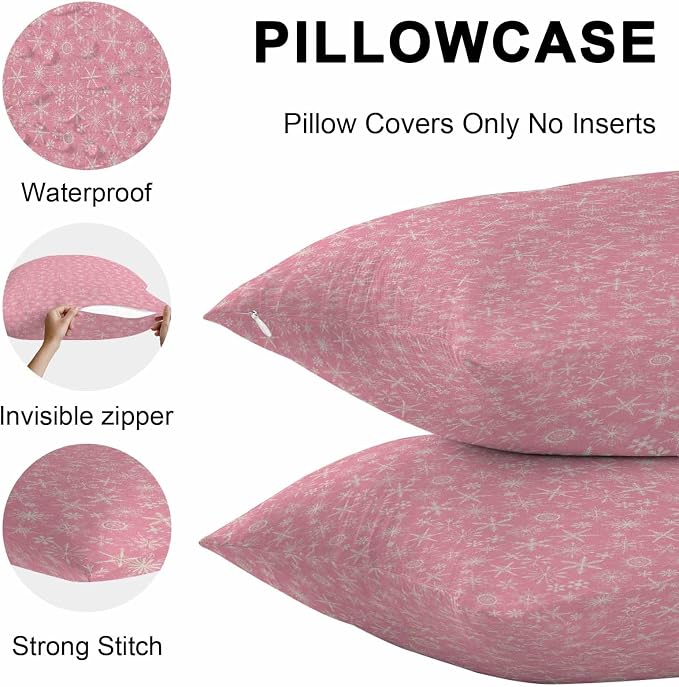 Pink Christmas Outdoor Pillow Cover 24x24 Inch Cushion Sham Case, Farmhouse Winter Xmas Beige Snowflakes Waterproof Decorative Square Throw Pillowcase for Outside Garden Patio Porch Couch Chair Tent