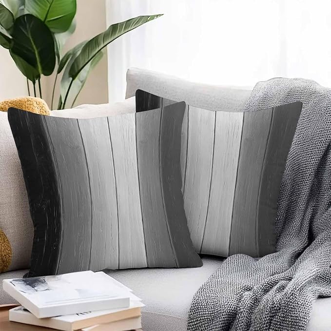 Throw Pillow Covers 18x18 Inch Set of 2, Black Gray Ombre Waterproof Outdoor Cushion Covers, Vintage Country Wooden Decorative Pillowcases for Couch, Sofa, Bed, Garden, Patio
