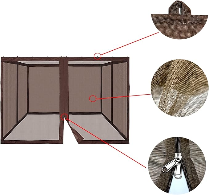 Gazebo Universal Replacement Mosquito Netting,10' x 12' Outdoor Canopy Net Screen 4-Panel Sidewall Curtain, with Zippers，Excluding Gazebo (Brown)