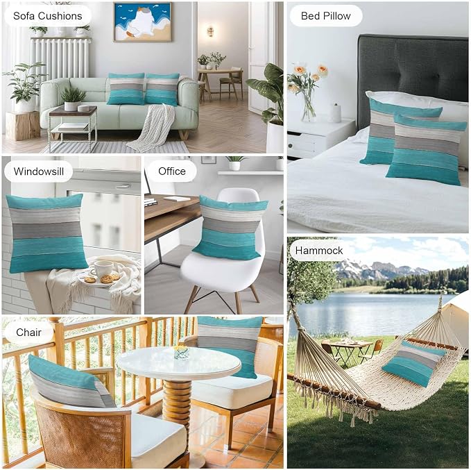 Outdoor Throw Pillow Covers 24X24 Set of 2 Waterproof Ombre Aqua Blue Gray Decorative Zippered Cushion Covers for Patio Furniture, Farmhouse Retro Rustic Barn Wood Texture Lumbar Pillowcases