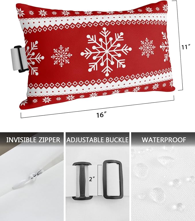 Outdoor Pillows Covers with Inserts Chrsitmas Snowflake Winter Snow Red Waterproof Pillow with Adjustable Strap Throw Pillows for Patio Furniture Recliner Lounge Chair, 11x16 inch, 1PCS