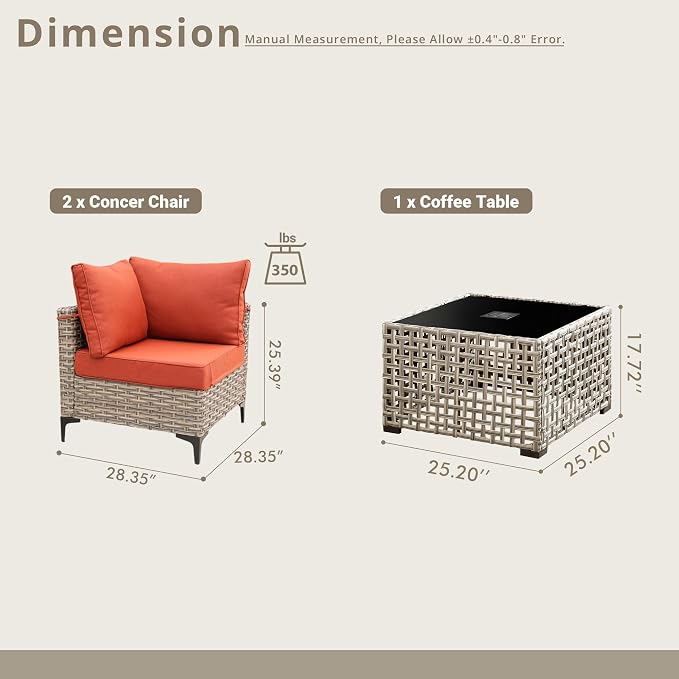 3 Pieces Patio Sectional Furniture Set, Outdoor Wicker Sectional Couch with Solar Lights Table, Modern Conversation Set for Porch Balcony Backyard, Red