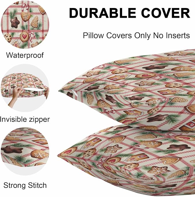 Outdoor Waterproof Throw Pillow Covers, Christmas Cartoon Gingerbread Man Plaid Candy Canes Pine Leaves House Pillowcases Cushion Covers Cases for Patio Couch Bench, Pack of 2 Rectangle, 20X12 Inch
