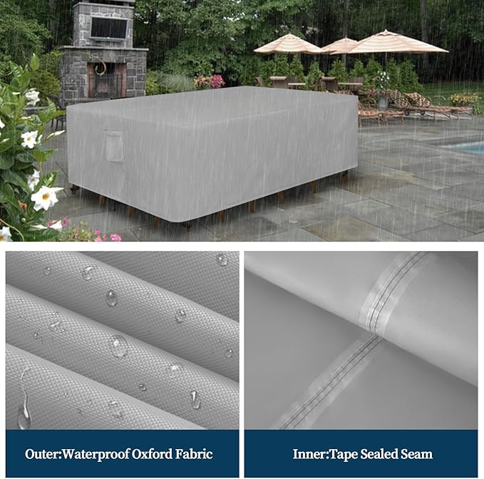 Easy-Going Rectangle Patio Furniture Cover Waterproof Outdoor Dining Table and Chair Cover Anti-UV Outside Sectional Sofa Set Covers (126"L x 63"W x 28"H, Grey)