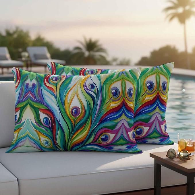 Outdoor Waterproof Pillow Covers 20x12Inch Peacock Feathers Colorful Gradient Throw Pillowcases for Patio Garden Couch Sofa Vibrant Abstract Art Decorative Cushin Case,Pack of 2