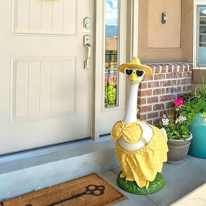 20″ Large Porch Goose Statue Décor - Resin Porch Goose with Yellow Summer Bikini Outfits, Garden Decor Sculpture, White Duck Figurine for Pool/Patio/Path/Lawn, Housewarming Birthday Gift Mum Women Men