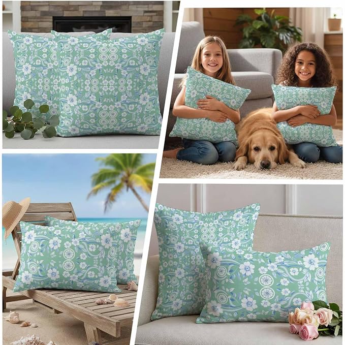 Light Green Blue Floral Waterproof Outdoor Pillow Covers Set of 2 Home Decor, Vintage Pastoral Botanical Pillowcase Patio Pillow Covers for Couch Bench Furniture Garden 20x20in