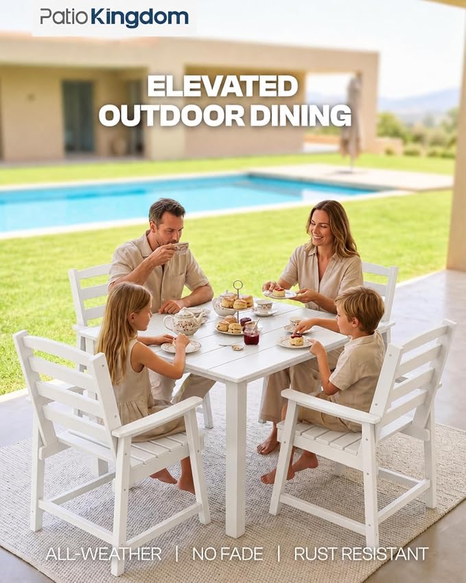 HDPE Outdoor Dining Set for 4, Armchairs, White | All-Weather HDPE, Wood Grain Finish, 42.5" Square Table, Built-In Umbrella Hole, Seats 4, Patio & Poolside Ready
