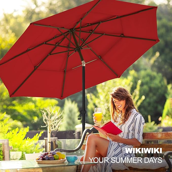 wikiwiki 10ft 3-Tier Patio Umbrella Outdoor Table Market Umbrella for Patio with Push Button Tilt/Crank, Fade Resistant Waterproof POLYESTER Canopy for Garden, Lawn, Deck, Backyard & Pool, Red