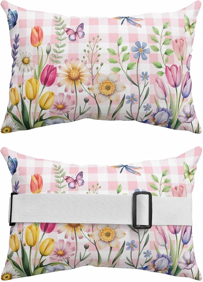 Wildflowers Outdoor Recliner Pillows for Head, Waterproof Chair Pillow with Elastic Stripe, Spring Watercolor Tulip Floral Leaf Pink Plaid Chaise Lounge Headrest Pillow for Patio/Beach 1Pack, 11"x16"