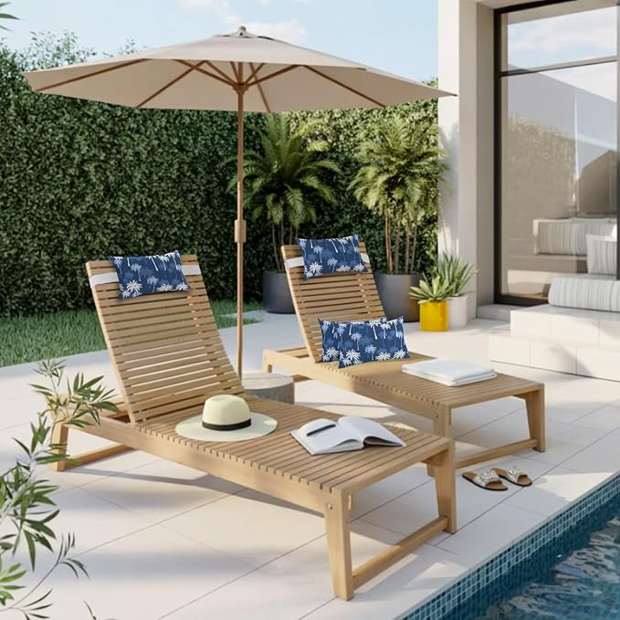 Tropical Palm Tree Outdoor Pillows for Chaise Lounge Chair Beach Headrest Pillow Set of 2 Waterproof Lumbar Pillows with Insert&Adjustable Strap Navy Blue White Plants Coastal Leaf Pool Pillow 11"x16"