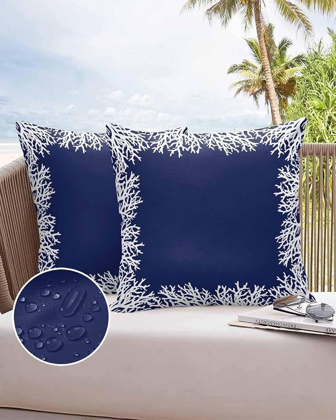 Vandarllin Outdoor Throw Pillows Covers 24x24 inch Set of 2 Waterproof Navy Blue Coral Decorative Zippered Cushion Covers for Patio Furniture, Coastal Marine Life Lumbar Pillowcases