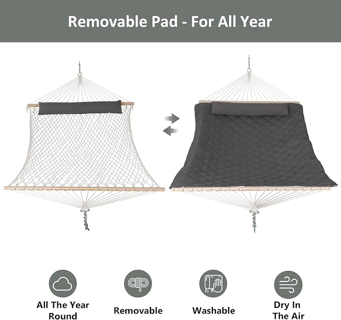 ANOW Outdoor Rope Hammock with Spreader Bars, Heavy Duty Hammock with Pad for Outdoors Indoors, 450 LBS Weight Capacity, Gray