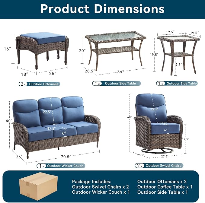Luxury Outdoor Patio Furniture Set with 6-Inch Thick Cushions, 7 Pieces Wicker Outdoor Furniture with High Back Swivel Patio Chairs Set of 2, Outdoor Conversation Set for Deck Garden Porch, Blue