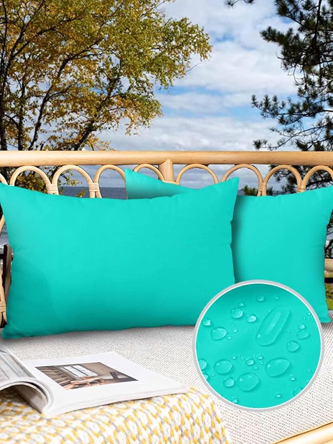 Outdoor Waterproof Throw Pillow Covers Set of 2 Teal Green Pattern Lumbar Pillowcases 20x12 Inches Pure Colour Patio Decorative Pillows Cushion Case Patio Pillows for Couch Bed Chair Garden