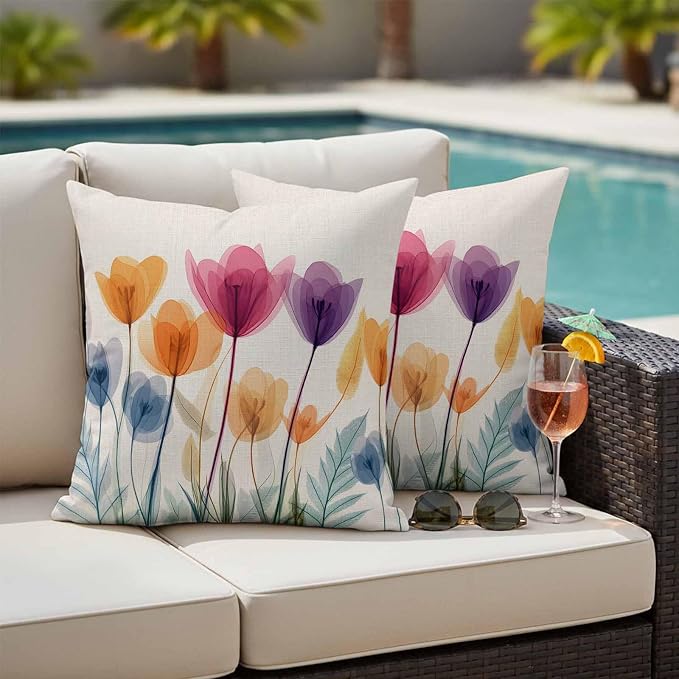 Spring Outdoor Waterproof Throw Pillow Covers Set of 2, 20"x20", Floral Cartoon Multicolor Tulips Leaf Retro Decorative Pillow Covers Outside Cushion Case for Patio Porch Garden