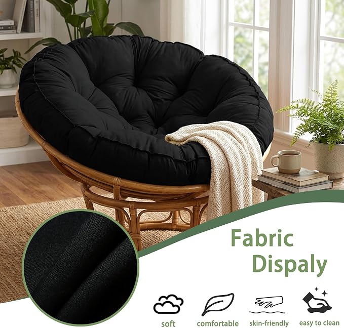 Papasan Cushion, 52 inch Papasan Chair Cushion, Thickened Padded Round Papasan Cushion (Black) | Thickened Papasan Cushion, Indoor Papasan Chair Cushion (Without Chair), with Ties, Black