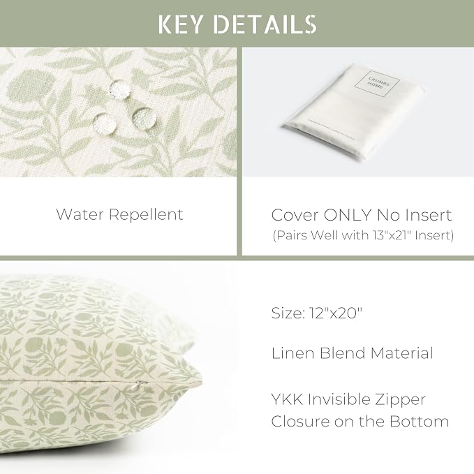 Modern Farmhouse California Casual Indoor Outdoor Lumbar Pillow Cover, 12"x20" Water Repellent for Patio, Backyard, Couch, Light Green Print Floral and Leaves Geometric