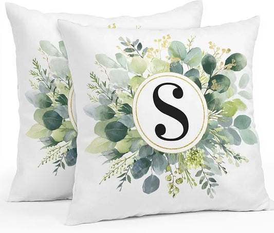 Letter S Waterproof Outdoor Pillow Covers Set of 2 Home Decor, Alphabet Green Eucalyptus Leaves Pillowcase Patio Pillow Covers for Couch Bench Patio Furniture Garden 16x16in