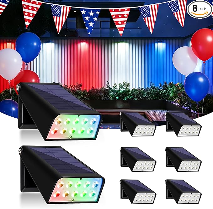 Solar Outdoor Lights for Father's Day Mother's Day 4th of July Decor, RGBW Color Changing Dusk to Dawn Solar Fence Patio Lights, 90° Adjust LED Garden Lights for Backyard Decor, 8-Pack