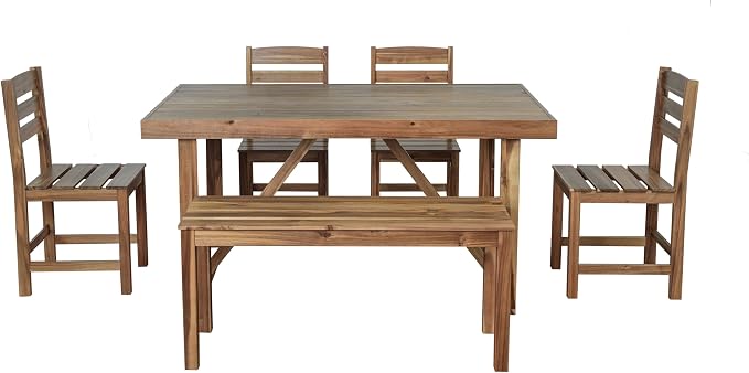 6 Person Outdoor Acacia Wood Dining Table Set, All Weather 6 Pieces Conversation Set, 60'' Rectangle Dining Table with 4 Chairs and Bench for Patio Backyard Garden Poolside Balcony (Natural-26)