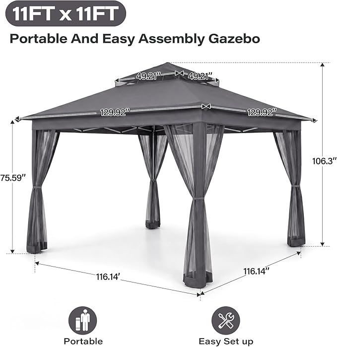 LAUSAINT HOME 11x11 Pop Up Gazebo Canopy Tent with Mosquito Netting, Instant One-Push Setup, Adjustable Height Outdoor Canopy Shelter with Carry Bag for Patio, Backyard, Camping, Parties & BBQs, Gray