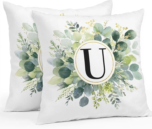 Letter U Waterproof Outdoor Pillow Covers Set of 2 Home Decor, Alphabet Green Eucalyptus Leaves Pillowcase Patio Pillow Covers for Couch Bench Patio Furniture Garden 16x16in